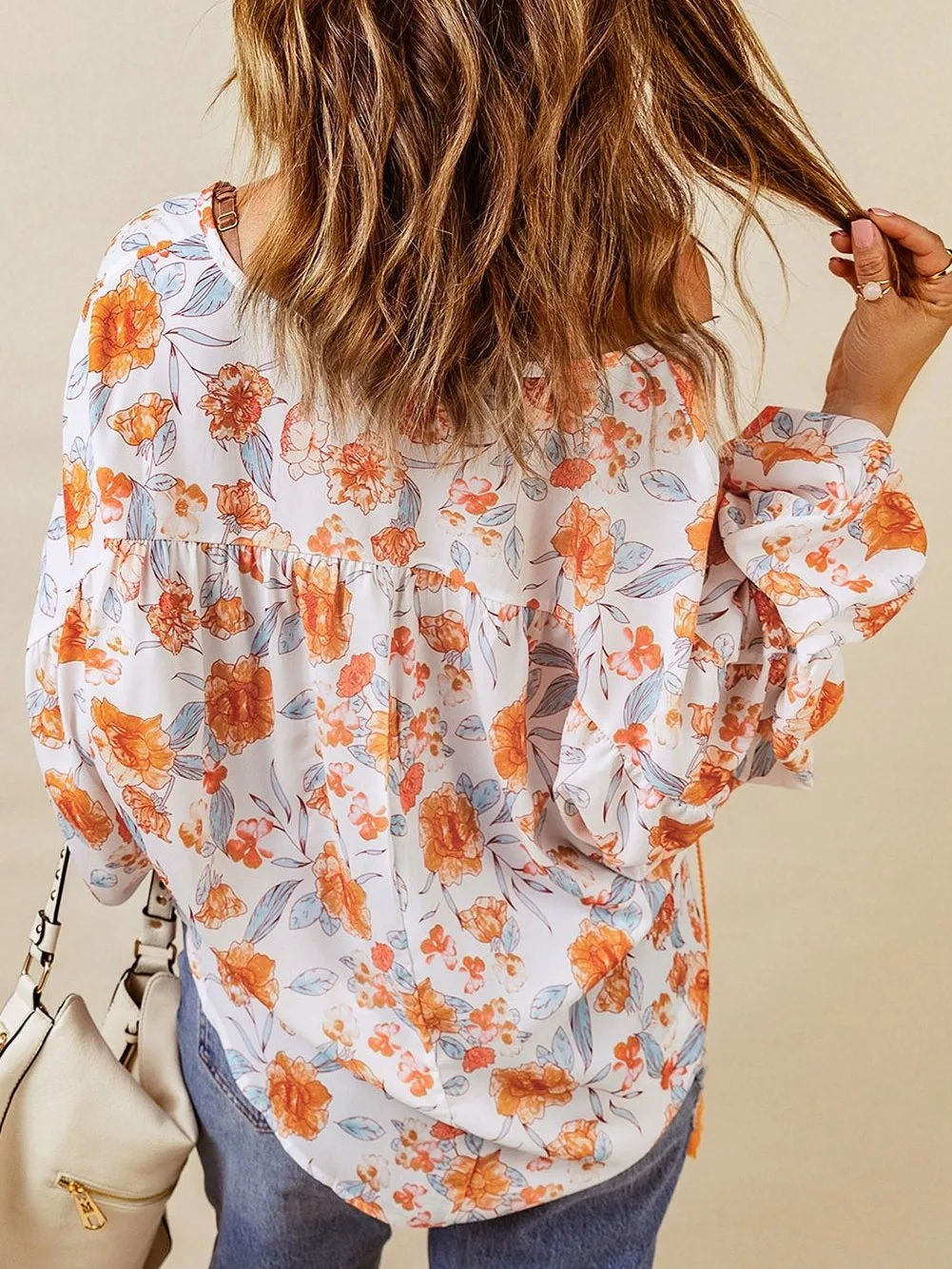 Bohemian Orange Floral V Neck Blouse with Tassel Detail