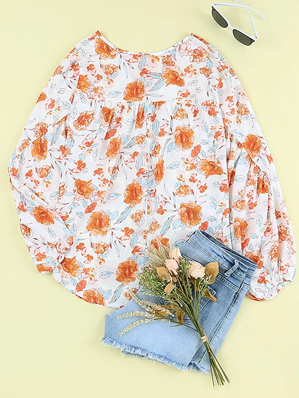 Bohemian Orange Floral V Neck Blouse with Tassel Detail