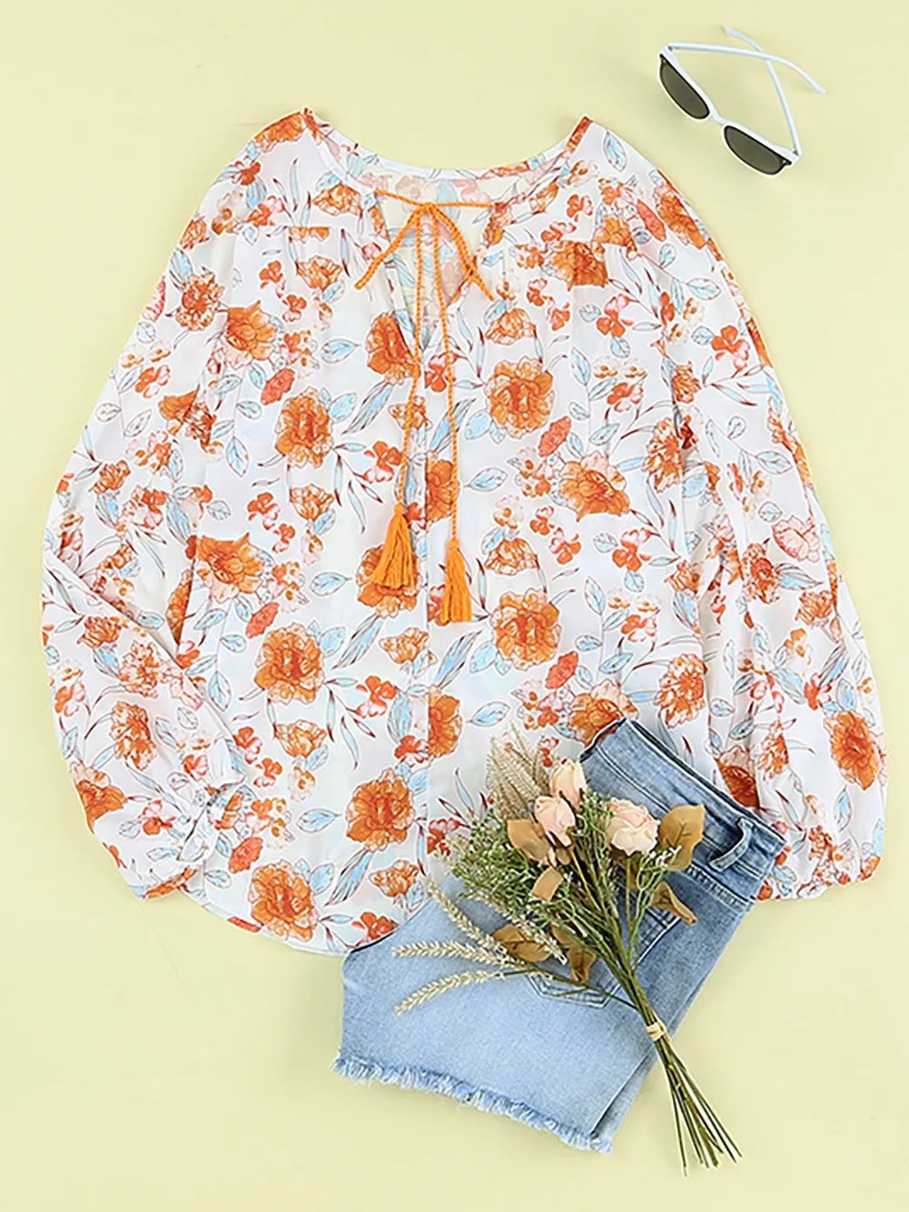 Bohemian Orange Floral V Neck Blouse with Tassel Detail