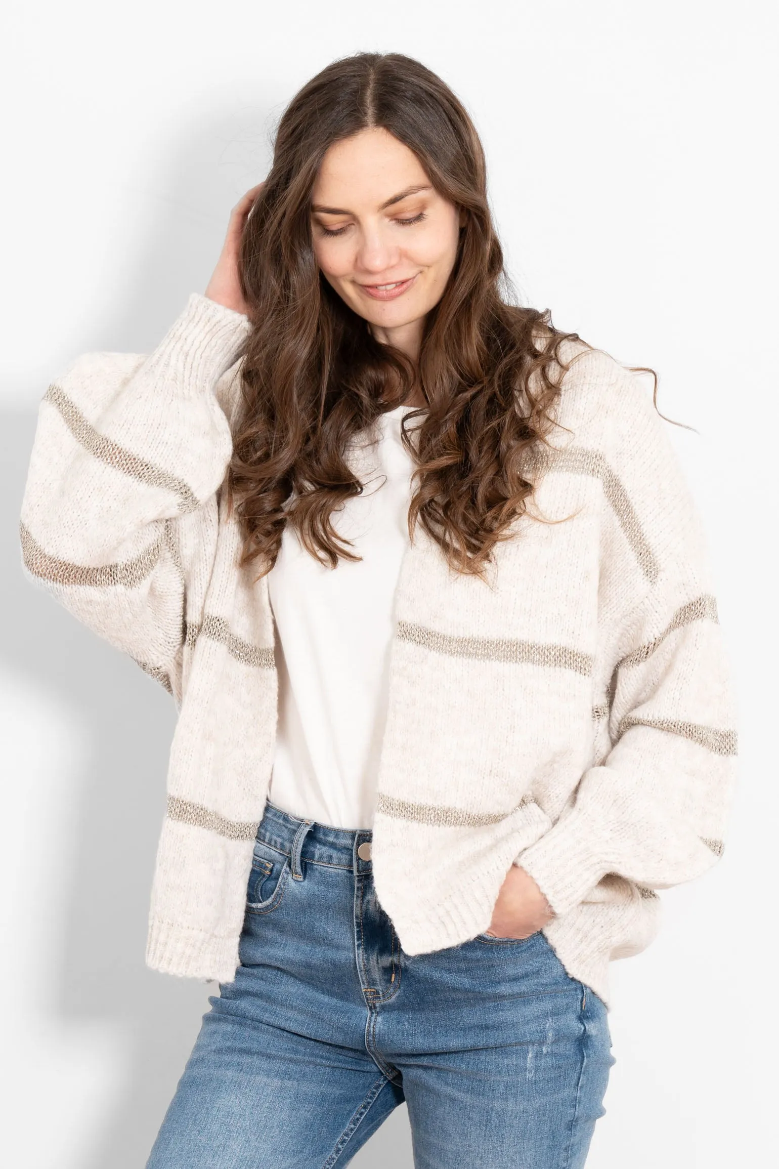 Lucy Wool Blend Cardigan - Cream, Gold/Striped
