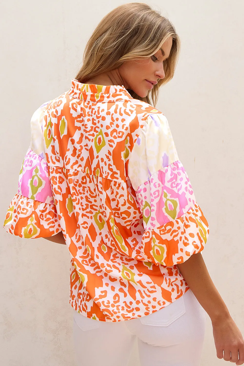 Orange Puff Sleeve Split Neck Blouse