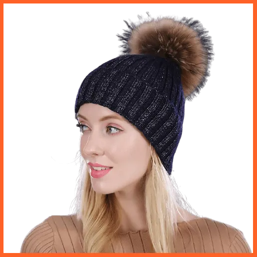 Real Mink Fur Pom Poms Winter Hat | Womens Knitted Wool Hats  Beanie  Brand New Thick Bonnet Caps