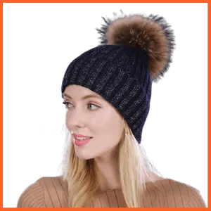 Real Mink Fur Pom Poms Winter Hat | Womens Knitted Wool Hats  Beanie  Brand New Thick Bonnet Caps