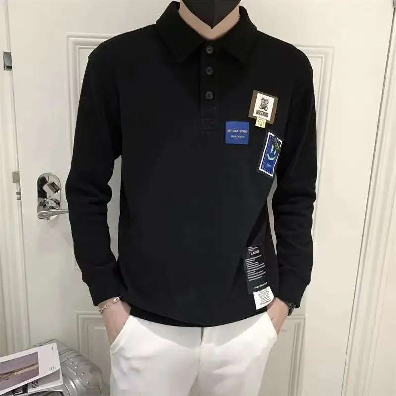 Wiaofellas  -  Stylish Solid Color Lapel Button Spliced Loose Letter T-Shirt Men's Clothing Autumn New Casual Pullovers Korean Tee Shirt